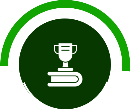 Trophy on books with green arc.