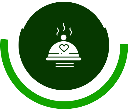 Steaming dish with heart icon, green background.